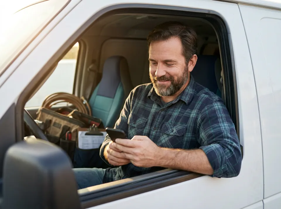 A contractor in his work van smiling at his phone between jobs